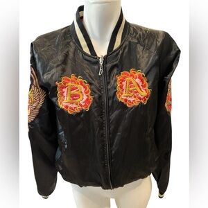 Black Embroidered Bomber Jacket with Red Accent